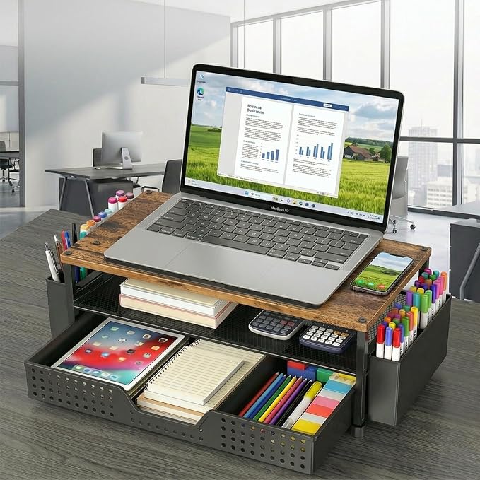 Desk Organizer and Accessories, 2-Tier Computer Monitor Stand Rise with Phone Holder, Drawer & 2 Pen Holders, Laptop & Printer Stand for Desktop, Workspace Organizers for Office Supplies (Brown Wood)