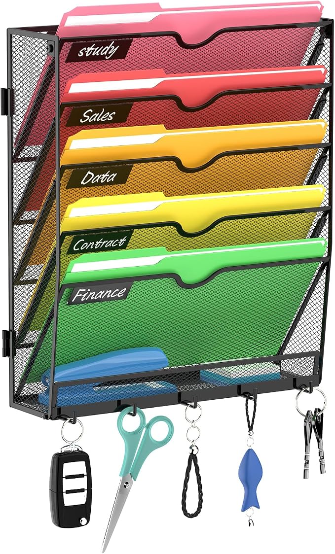 6-Tier Wall File Organizer with Hook, Hanging File Organizer Black | Wall-mounted mail storage holds papers, folders, files, clipboards and magazines, assembly required for office or home use.