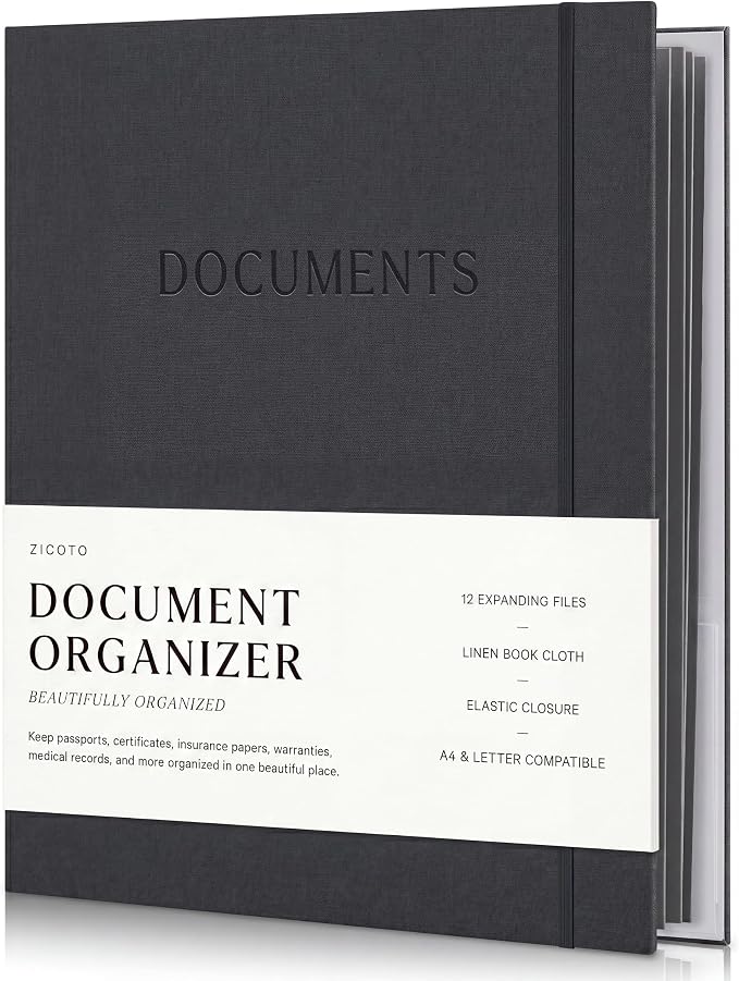 Important Document Organizer Set with Folders - Complete Linen Ring Binder | Safely Stores All Documents and Files in One Place - Easy to Use Expanding Storage with Envelopes, Pockets and Labels