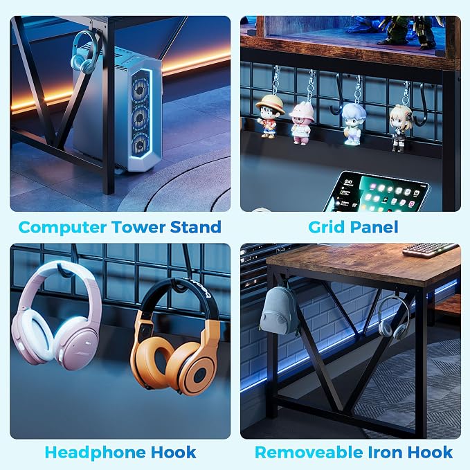 L Shaped Gaming Desk with Drawers, Corner Computer Desk with LED Tempered Glass Display Cabinet, Shaped L Office Desk with Charging Station and Fabric Drawer, PC Desk for Gaming and Office, Brown
