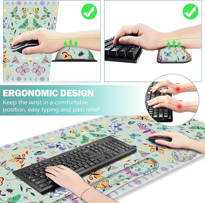 Desk Mat Set, Aquamarine Extended Gaming Mouse Pad with Wrist Rest Support +Keyboard Wrist Rest +Coaster, Large Cute Butterfly Mousepad for Office, Home
