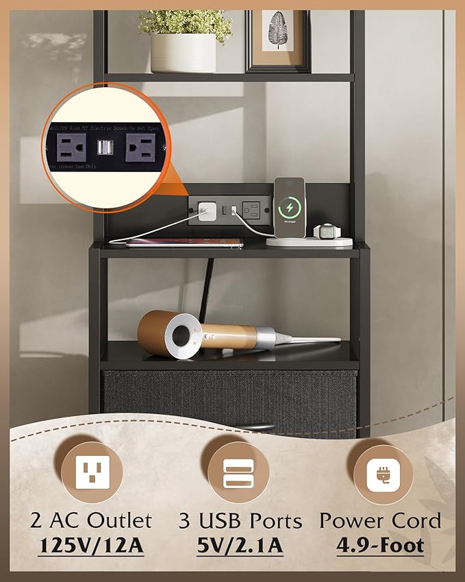 WLIVE Tall Nightstand with Charging Station, LED Night Stand with 4 Drawers and Storage Open Shelves, Fabric Dresser for Bedroom, Office, Black