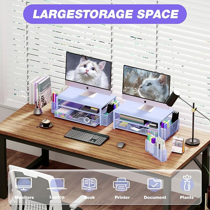 Desk Organizers and Accessories, Computer Monitor Stand Riser with Drawer and 2 Pen Holders, Printer & Laptop Stand, Office Desk Accessories & Workspace Organizers for Home Office Supplies, Blue