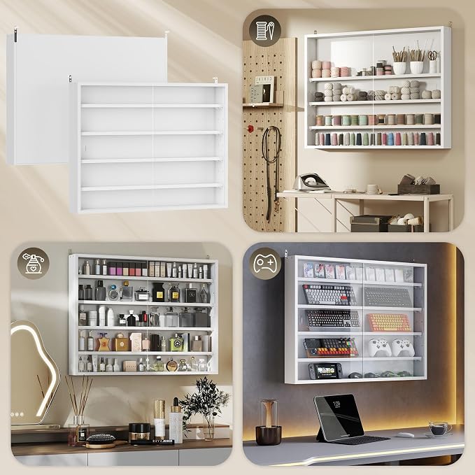 HOMCOM 5-Tier Wall Mounted Display Cabinet Glass Doors 60x80cm, White | Display Case, 4 Adjustable Shelves, for Home Office Ornaments