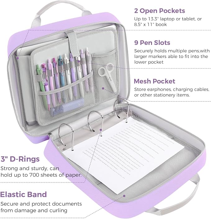 SKYDUE Zipper Binder 3 Inch D-Ring School Binder, Oxford Fabric School Organizer Holds 700+ Sheets, Fits 14" Laptop, Water-Resistant, Handle & Shoulder Strap, 14"x13" – School Supplies, Purple