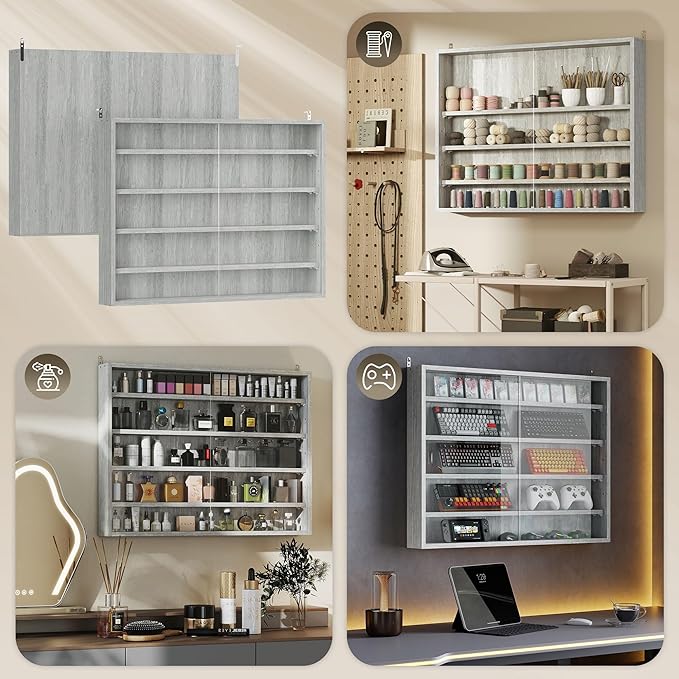 HOMCOM 5-Tier Wall Mounted Display Cabinet Glass Doors 60x80cm Gray | Display Case, 4 Adjustable Shelves, for Home Office Ornaments