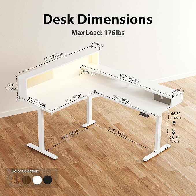 Agilestic 63 Inch L Shaped Electric Standing Desk with Led, White | Modular Storage System, Outlets&Led, Corner Desk, Ample Workspace, Memory Presets, Hooks, Stable Steel Frame,176 lbs