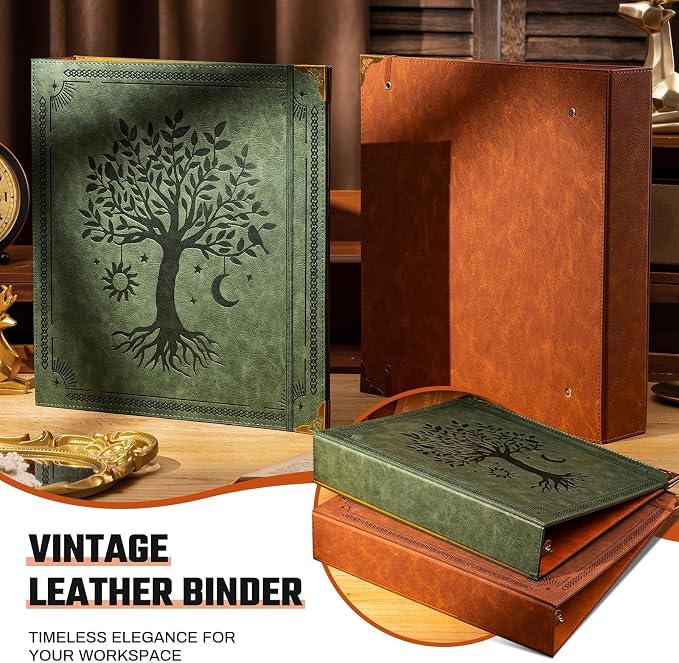 Ovesmusl 2 Pack PU Leather D Ring Binder, 2 Inch Green Tree | Fits 8.5x11 letter paper, holds 550 sheets, inner pockets, loose leaf organizer