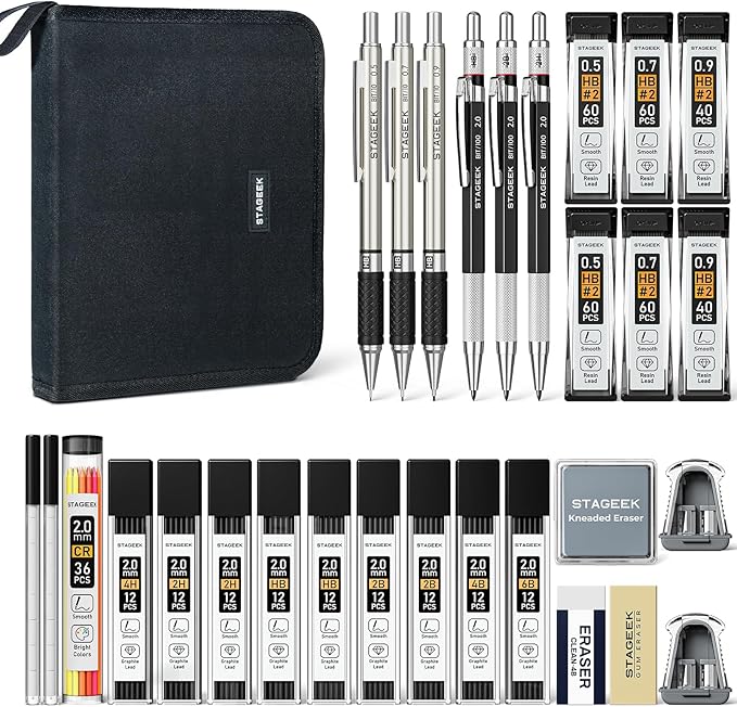 STAGEEK Mechanical Pencil Set with Canvas Bag 30 Count, Drawing Pencils 0.5, 0.7, 0.9MM & 3PCS 2MM Sketching Pencils with 464PCS Lead Refills (6B 4B 2B HB 2H 4H Color) for Artist Drafting Drawing