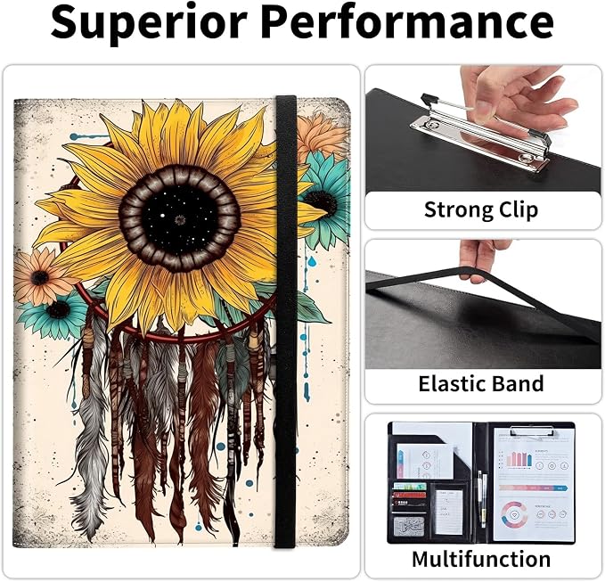Padfolio/Portfolio Folder Clipboard,Padfolio Clipboard,Writing Portfolio Leather with Cover for Card Holder Slot Letter Size A4 for Office Conference Notepad Clip Boards,Sunflower Dream Catcher