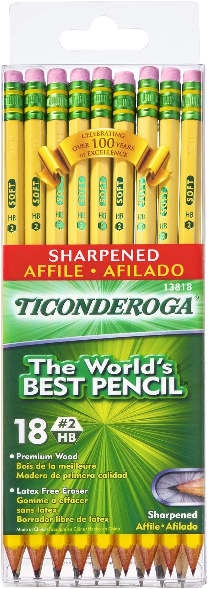 Ticonderoga Wood-Cased Pencils, Pre-Sharpened, 2 HB Soft, Yellow, 6 Boxes of 18 Count, 108 Pencils Total (Pack of 12)