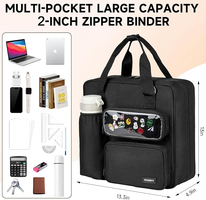Zipper Binder 3 Ring with Ita Window,500 Sheets Capacity, Binder 2 Inch with Shoulder Strap Fits 13 Inch Laptop for School and Office,Black