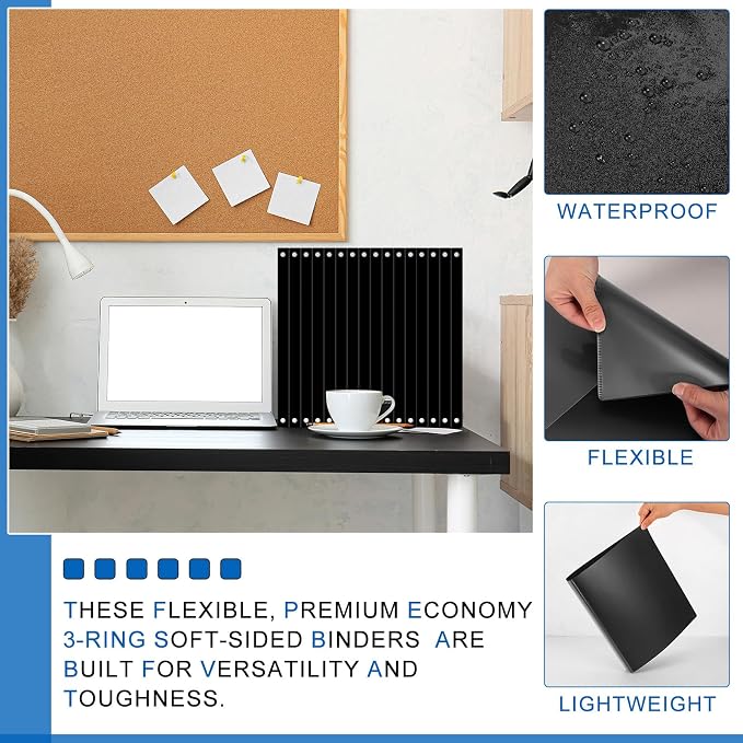 Fulmoon 12 Pcs Economy View 3 Ring Plastic Binder 12.2 x 9.8 Inch Plastic Round Ring Binders with Pockets Notebinder for Meetings for Home, Office, School (Black,1/2 Inch)