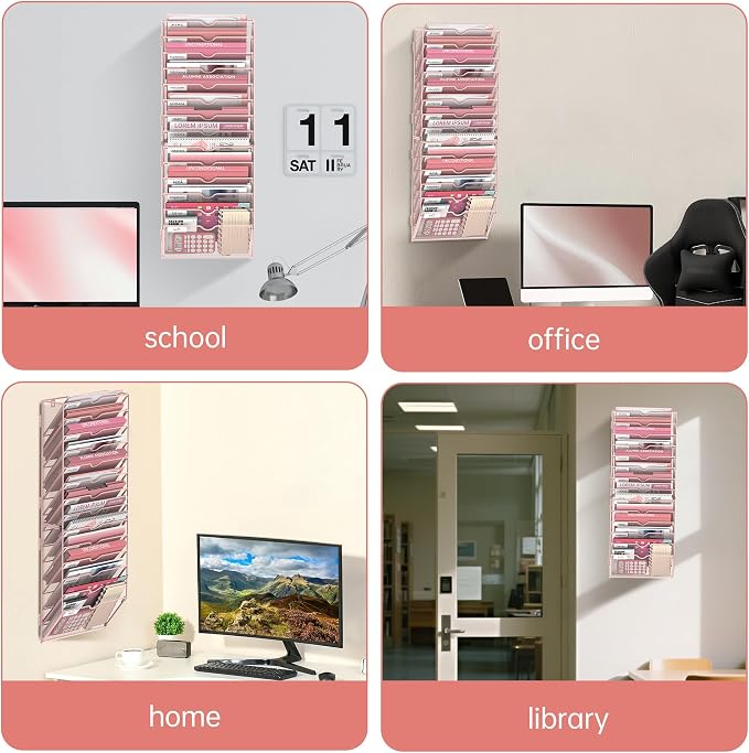 14-Tier Wall File Organizer and Hanging File Organizer, Pink | Wall Organizer and Wall Mounted File Holder with 14 Pockets and Label Panels for Files, Mail, Folders, Magazines and Paper