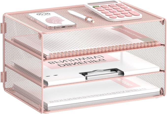 DALTACK 3 Tier Letter Tray Paper Organizer with Sliding Mesh Trays Pink | Metal Mesh File Organizer with Sliding Trays for Letter and A4 Paper, Mail, Bills, Folders and Office Documents