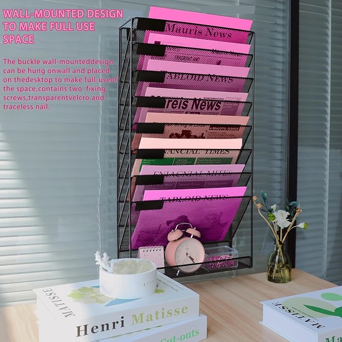 8 Pockets Mesh Wall File Holder Organizer with Bottom Flat Tray, Office Hanging File Folder Magazine Rack, Nametag Label Hooks Set Included, Black