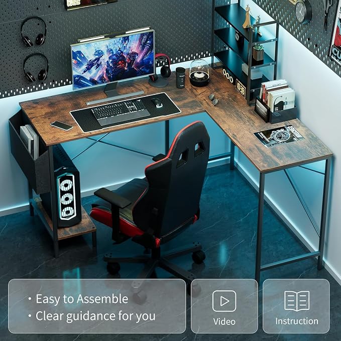 Alpen Corner Desk, L Shaped Gaming Desk with Storage Pocket and CPU Stand, Work Desk for Home Office, Small Corner Study Writing Table with Sturdy Metal Frame, 50 Inch, Rustic Brown