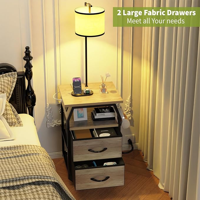 runjuly Floor Lamp with Table, End Tables with Lamps Attached 3-Color Temperature Bulb, Side Table with Lamp with 2 Drawers & Charging, Lamps Tables Combo for Bedroom, Dorm, Apartment - Greige