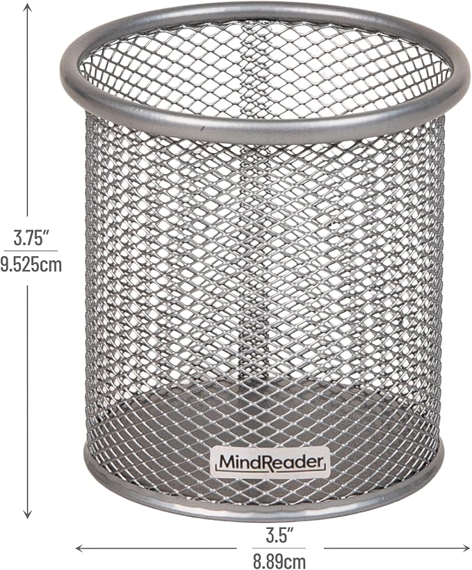 Mind Reader Pen and Accessories Holder, Desktop Organizer, Office, Metal Mesh, 3.5"L x 3.5"W x 3.75"H, Set of 3, Silver