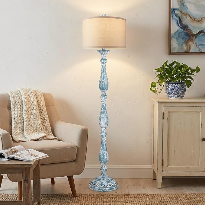 Vintage Floor Lamp for Living Room, Rustic Farmhouse Standing Lamp with Rotary Switch and Linen Shade, Retro Resin Floor Lamp for Bedroom, Corner, Dining Room, House Decor, Wash Blue