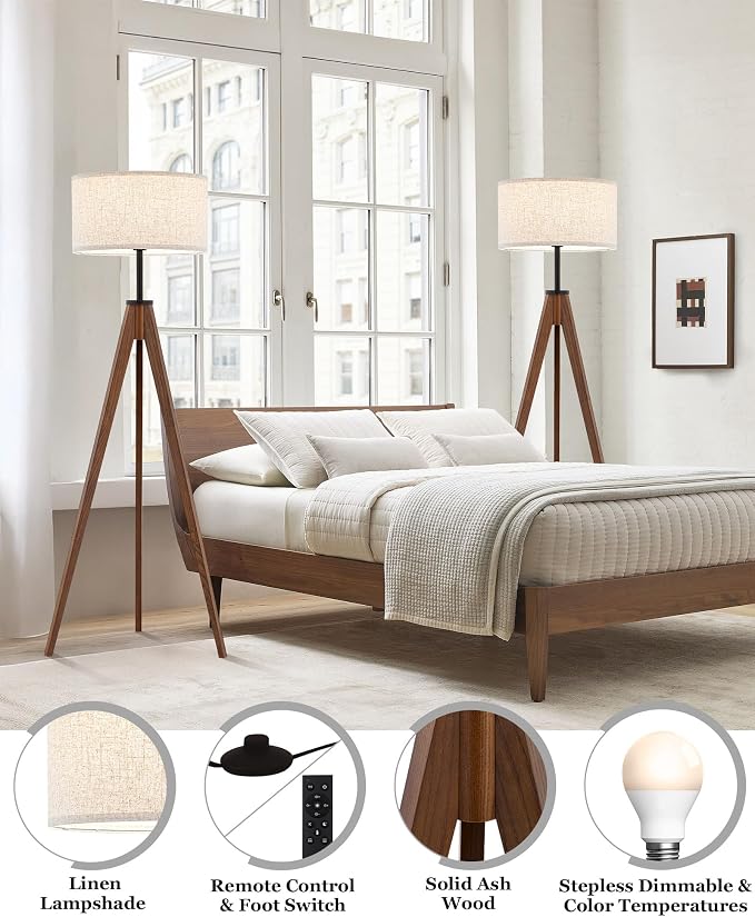 ELYONA Ash Wood Tripod Floor Lamp Stepless Dimmer & Color Temperature, Remote Control Mid Century Modern Coner Standing Lamp Linen Shade for Living Room Bedroom Office, LED Bulb Included, Walnut