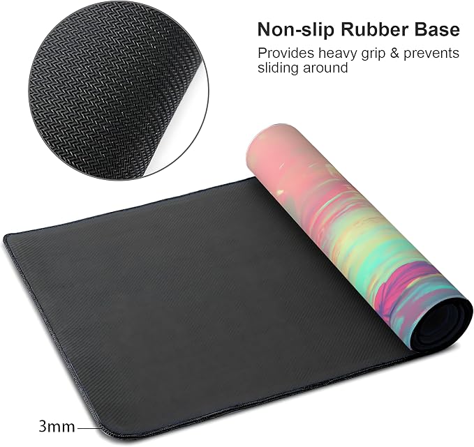 Anime Black Cat Gaming Mouse Pad, Blue Pink Dreamy Desk Mat with Anti-Slip Base & Stitched Edges,35.4" x 15.7" in Table Mat for Computer Desktop, Beautiful Workstation Decor