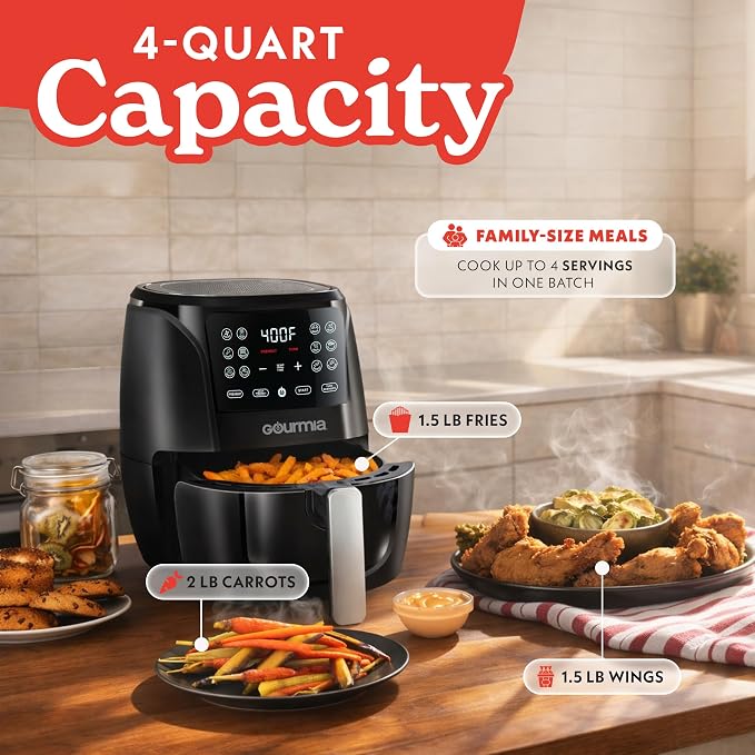 Gourmia Air Fryer - 4 Qt Capacity, FryForce360º, Digital Display with 8 Presets, Roast, Bake, Broil, Dehydrate, Dishwasher Safe Accessories, Compact, Black
