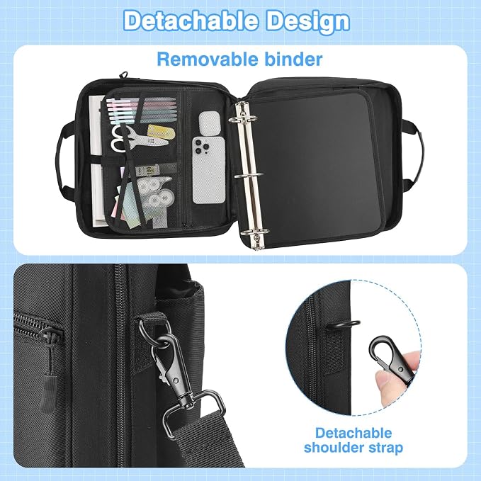 MoKo Zipper Binder Bag, 2-Inch 3-Ring, 500 Sheets, Black | 6L water-resistant bag fits a 13-inch tablet and 14-inch laptop, with backpack, shoulder and hand carry options.