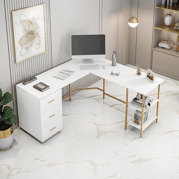 Techni Mobili 59" Two-Tone L‑Shaped Office Desk with Storage Shelves, Gold | 59" two‑tone L‑shaped desk with storage shelves, durable frame, modern corner workstation, spacious home office writing space
