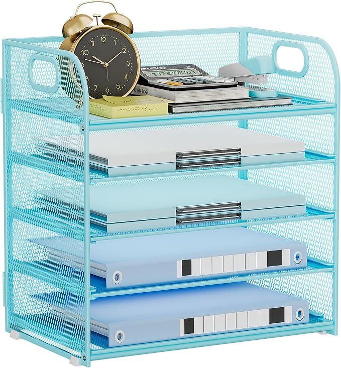 Paper Organizer Letter Tray with Handle Mesh 5-Tier | Stackable Desk Organizer for Files/Paper/Office Supplies, Sturdy Carbon Steel Desk Organizer for Home Office & Classroom