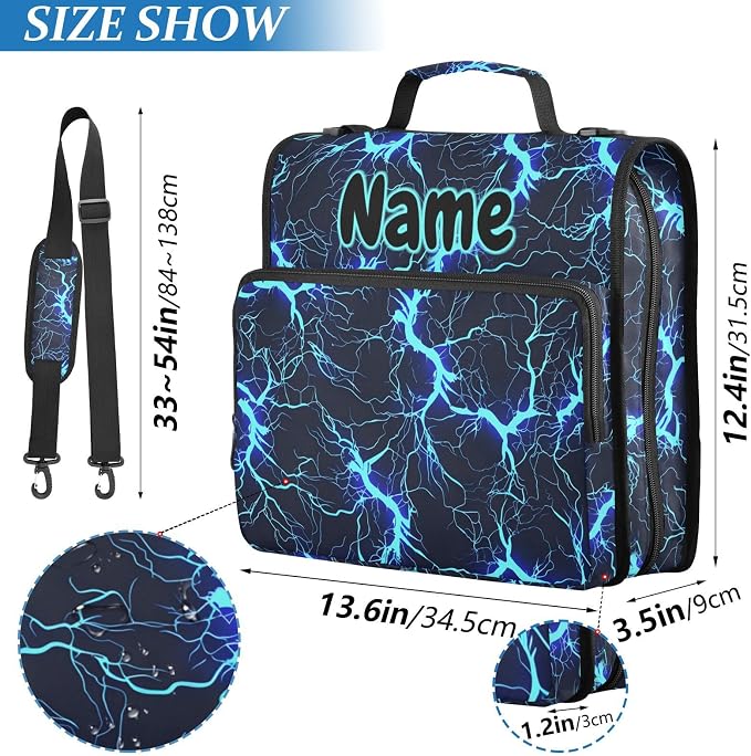 Custom Blue Black Electric Lightning 3 Ring Binder Bag 1.5 inch Personalized Name Binder Organizer 500 Sheet Documents Storage for School Office