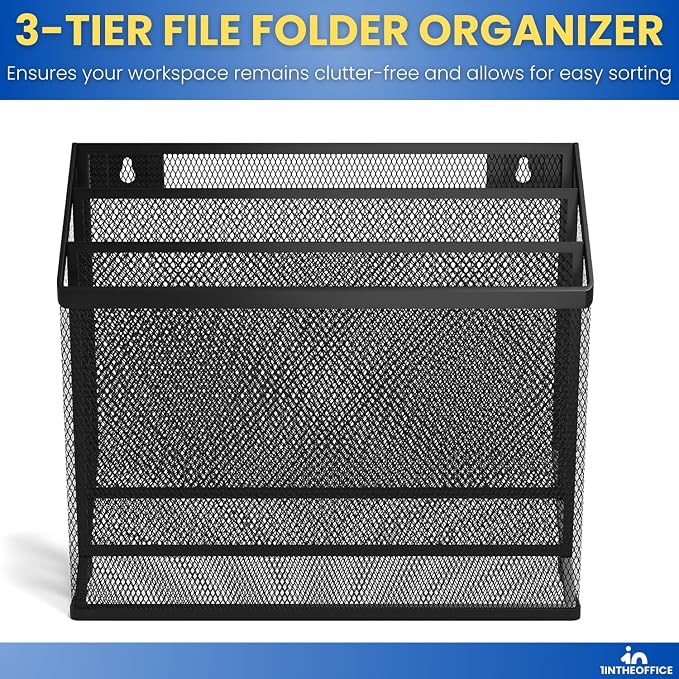 1InTheOffice 3 Tiers File Folder Organizer, Desk Sorter, Black Mesh Organizer