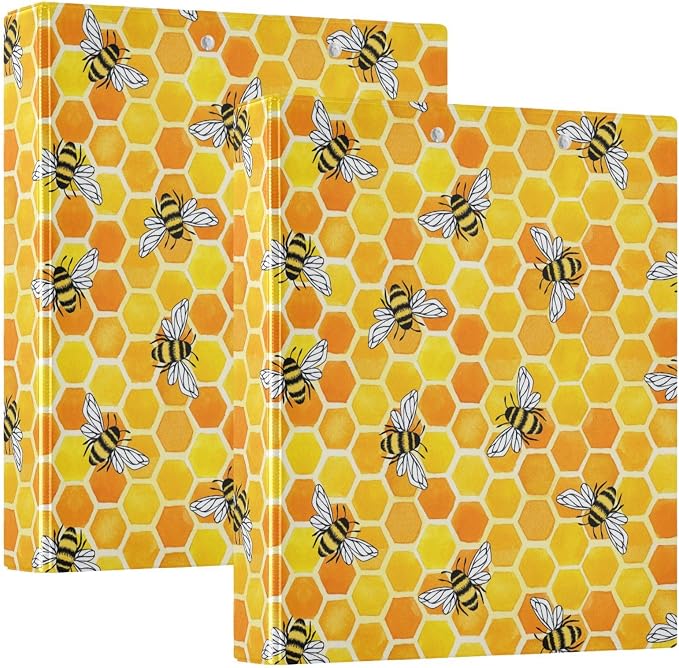 Yellow Beehive Bee Binder 1.5 Inch Binder with Clipboard&Pockets, Honeycomb Binders 3 Ring, Honey Bees Heavy Duty Large File Folder for Office School Supplies - Holds 200 Sheets, 2 Pack