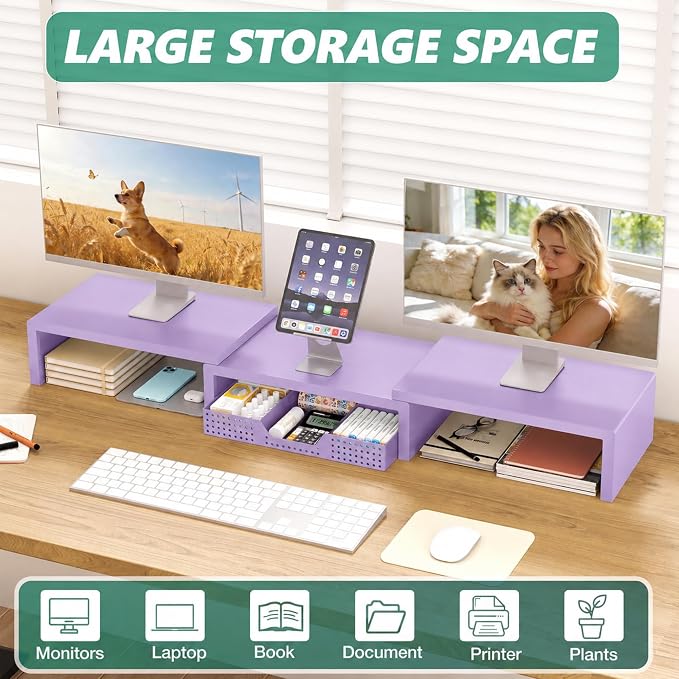 Dual Computer Monitor Stand Riser, Desk Organizer with Drawer, Office Desk Accessories & Workspace Organizers for Home Office Supplies, Purple