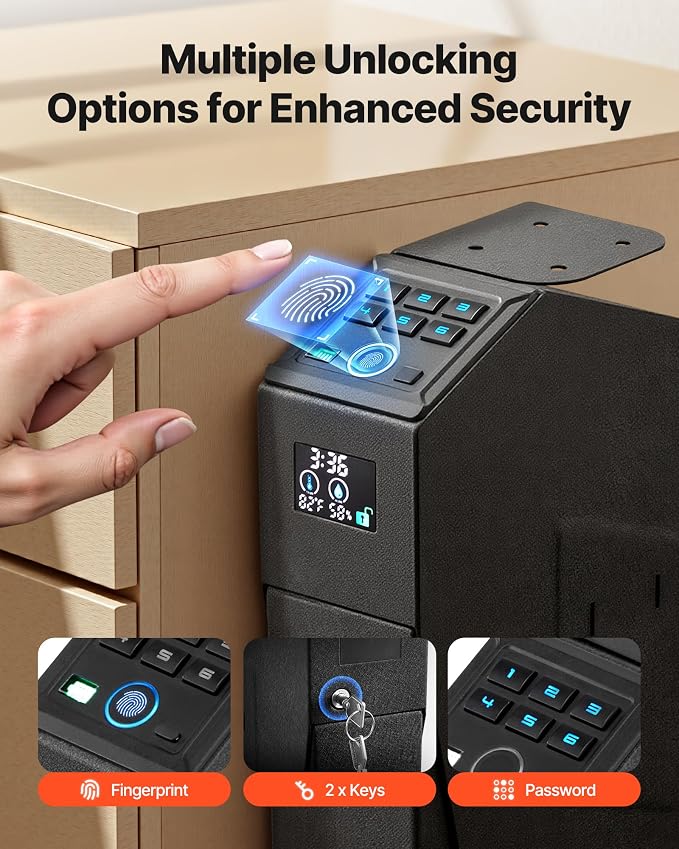 VEVOR Gun Safe, Slider Handgun Gun Safe with Screen, 3-Way Quick Access,Fingerprint/Password/Key, Firearm Case Box with LED for 1 Pistol & Magazine, Mounted Gun Box for Nightstand Bedside Desk Car