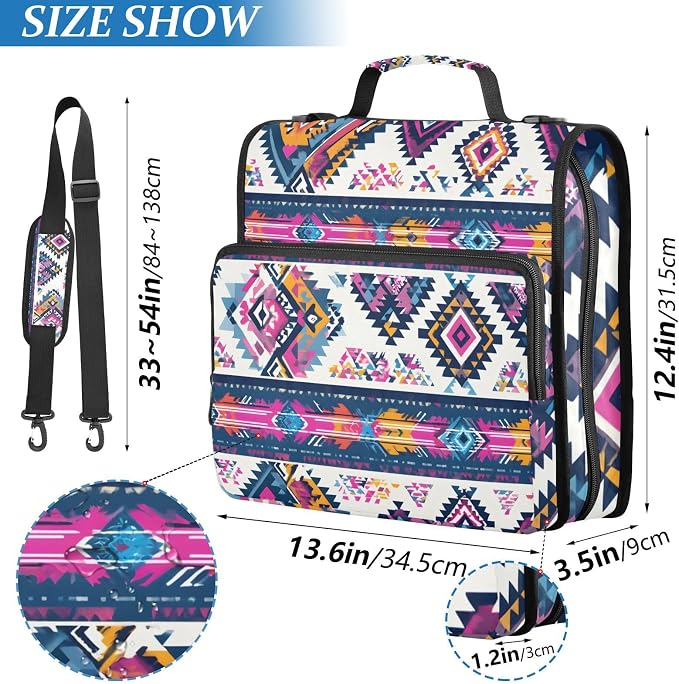 3 Ring Zipper Binder with Shoulder Strap Purple Ethic Aztec Geometric 1.5 inch Binders Keeper Large Capacity Multi Pockets for School Office Supplies