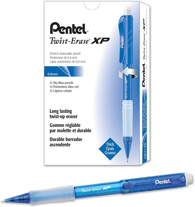 Pentel Twist-Erase Express Mechanical Pencil (0.9mm) Fashion Color, Sky Blue Barrel, Box of 12 (QE419S)