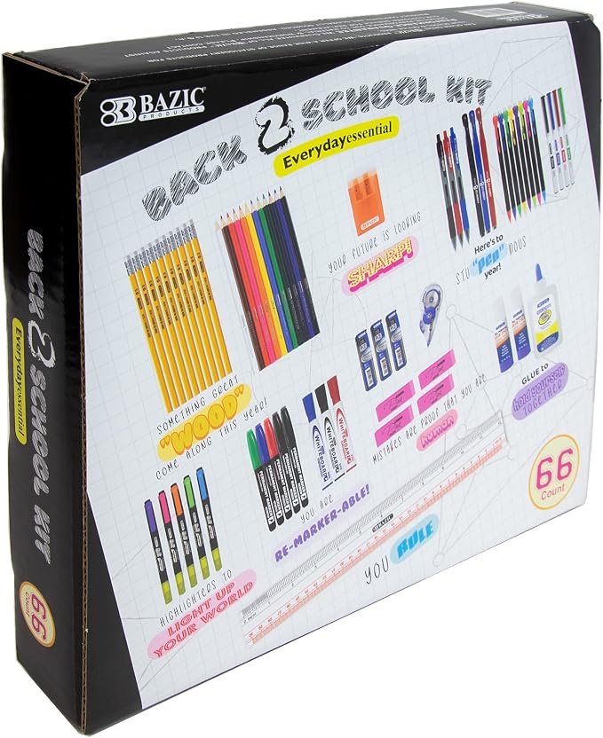 BAZIC PRODUCTS 66-Piece Back to School Supplies Kit | Bundles writing, Coloring, Correction, Desk tools in, For school and office use