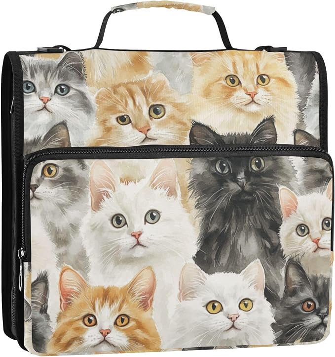 Fisyme Vintage Cats Cute Zipper Binder 3 Ring with Zipper and Shoulder Strap Large Capacity Multi-Pocket Binder Organizer
