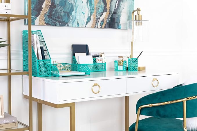 BLU MONACO | Dark Teal Desk Organizer Set | 5 Piece Metal Desk Accessories with Mail Sorter, Pen Cup, Sticky Note Holder, Magazine File, Paper Tray | Desk Organizers and Accessories