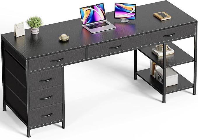Huuger Computer Desk with 6 Drawers, Office Desk with Shelves, Reversible Gaming Desk, Corner Desk with Storage, Work for Home Office, Study, Living Room, 63inch, Black