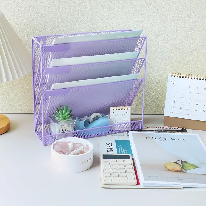 3 Pockets Mesh Wall File Holder Organizer with Bottom Flat Tray, Office Hanging File Folder Magazine Rack, Nametag Label Hooks Set Included, Purple