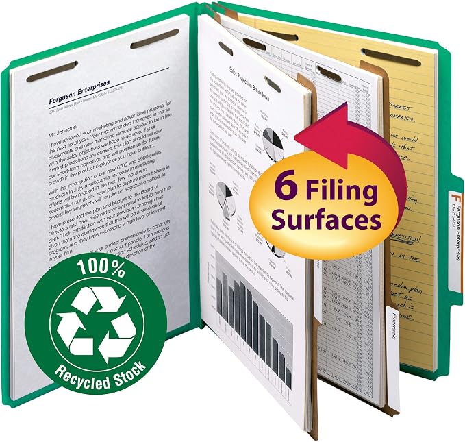 Smead 100% Recycled Pressboard Classification File Folder, 2 Dividers, 2" Expansion, Letter Size, Green, 10 per Box (14063)