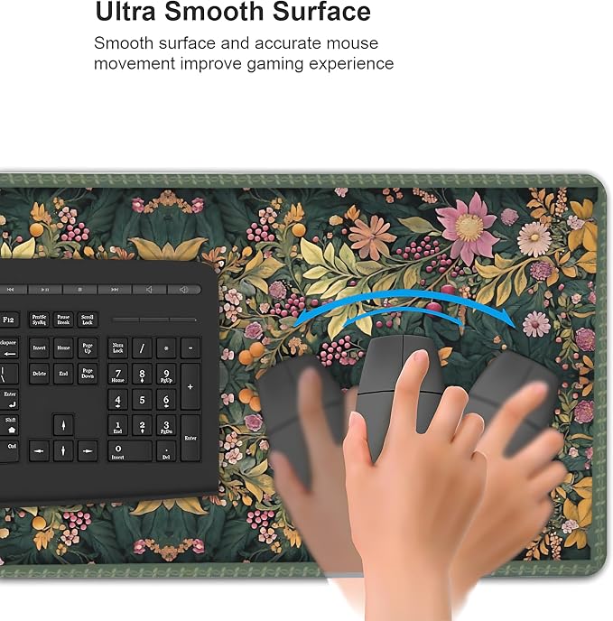 Floral Aesthetic Wildflower Gaming Mouse Pad, Forest Green Rug Desk Mat with Anti-Slip Base & Stitched Edges,35.4" x 15.7" in Desk Accessories for Women, Home Office Decor & Artistic Gift