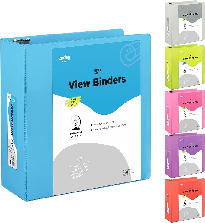 Enday 3 inch Binder (12 Pack - Blue) 3 Ring Binder 3 inch with Clear View Cover and 2 Inside Pocket - for Letter Size 8.5 x 11'' Paper, Ideal for School Supplies, Office, and Home