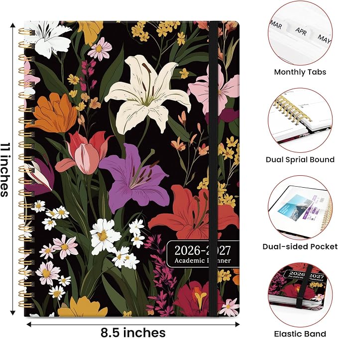 ZOTIA Academic Planner 2026-2027, Monthly & Weekly Jul 2026-Jun 2027 | Lily Garden, 8.5" x 11" Calendar Planner for Women, Hardcover Pretty Organizer for Women, School Office Home Supplies
