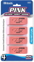 BAZIC Products Pink Bevel Block Erasers, Latex-Free, 4 Count