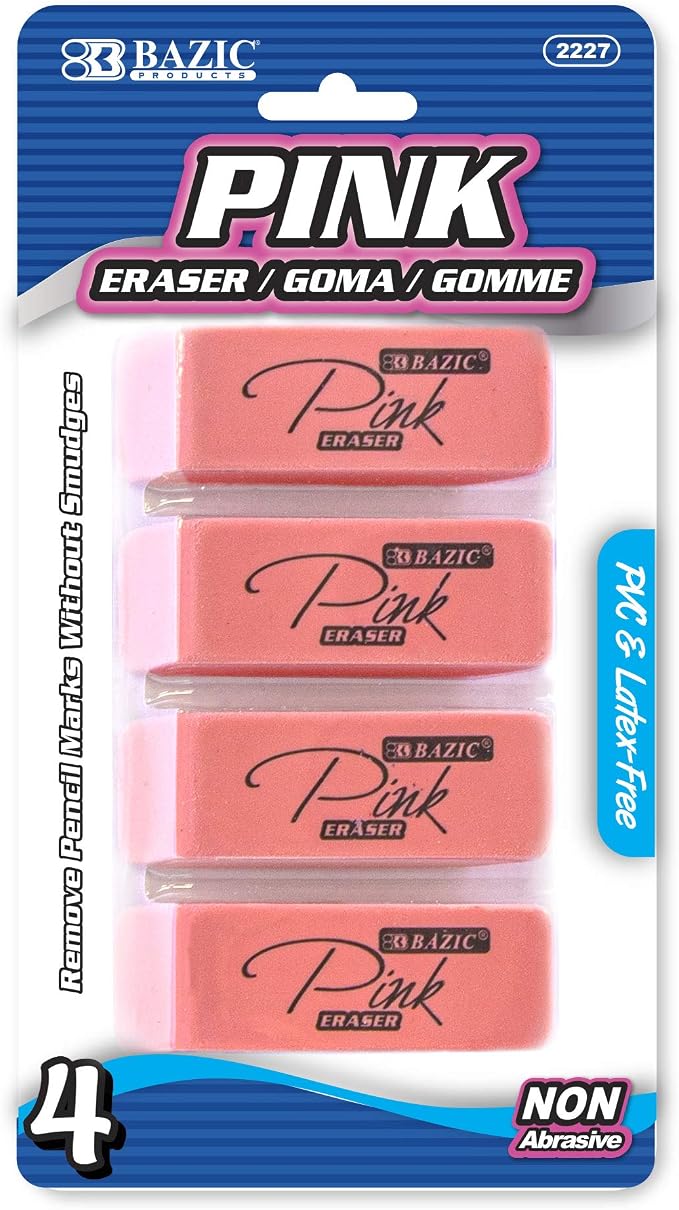 BAZIC Products Pink Bevel Block Erasers, Latex-Free, 4 Count