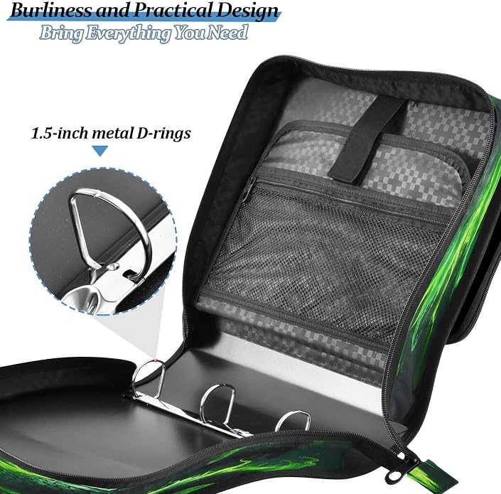 3 Ring Zipper Binder With Shoulder Strap Documents Storage Organizer Green Fire Dragon