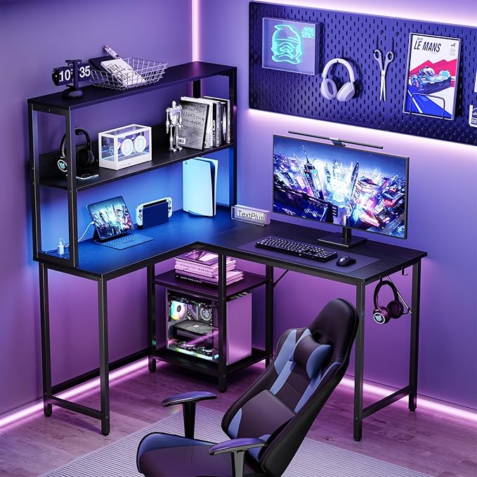 DUMOS L Shaped Desk, Gaming Desk, Power Outlet, 43 Inch | Reversible Corner Computer Table, Adjustable Shelf CPU Stand, Home Office Writing Table, LED, Black